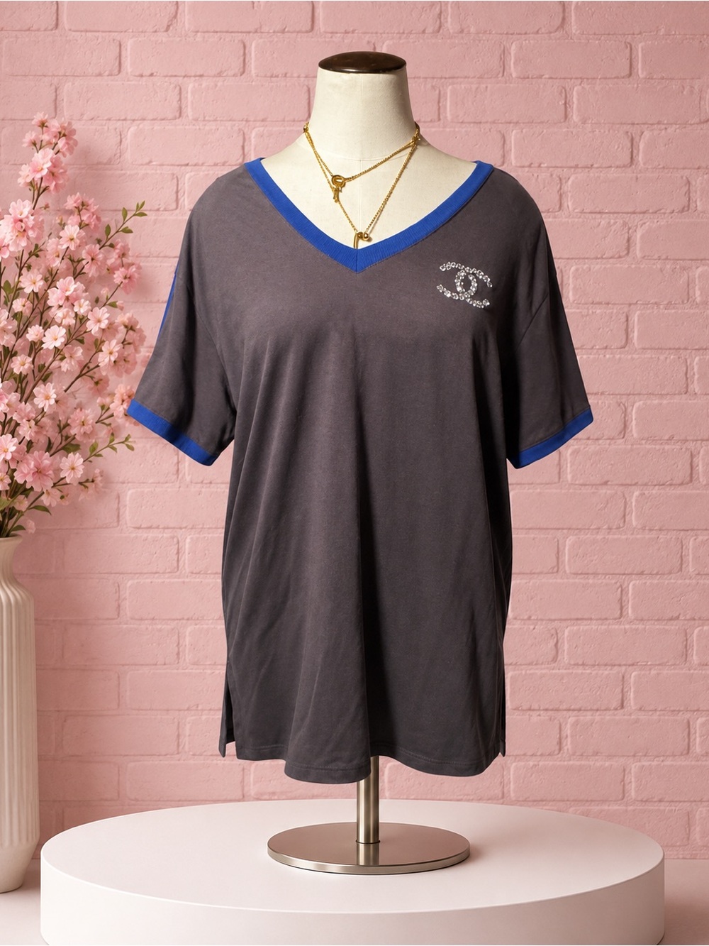 Gray Blue Rhinestone Double C V Neck Tee